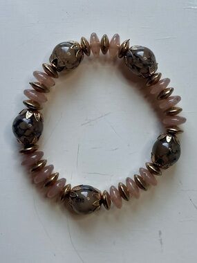 Taupe Blush Brown Marble Bead Stretch Bracelet Gold Disc Neutral-NWOT
